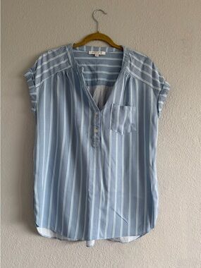 Striped Cap Sleeve Henley Popover Blouse Medium Coastal Grandma Preppy Nautical